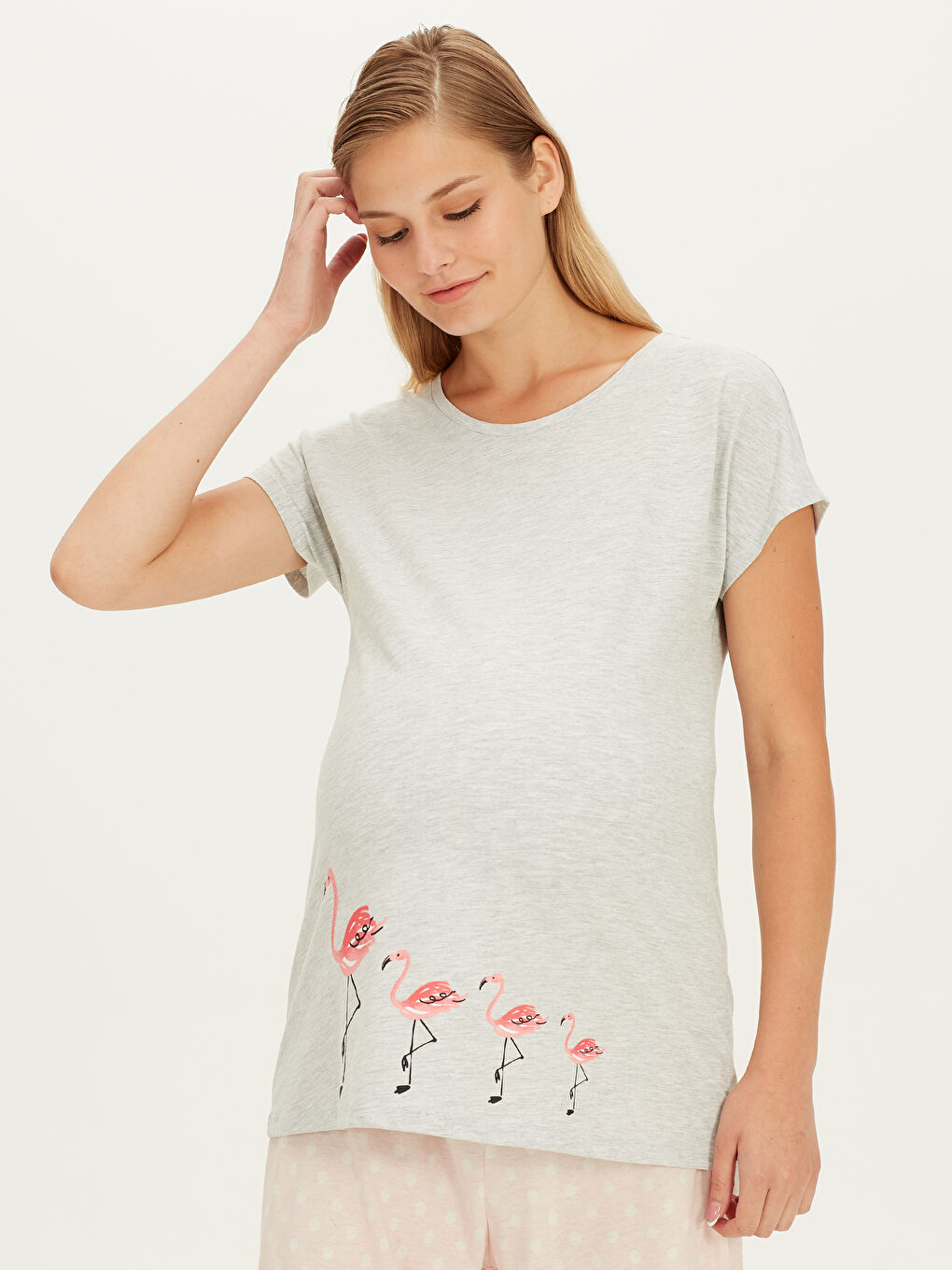 Pembe Bisiklet Yaka Standart Fit Kısa Kollu Penye Kadın Kapri-3