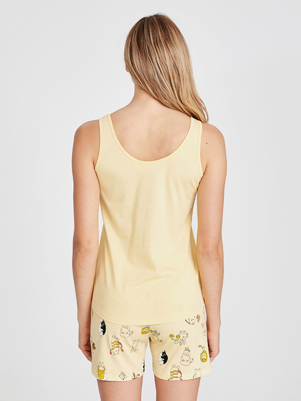 Sarı Kadın Bisiklet Yaka Baskılı Kolsuz Pijama Takım-2