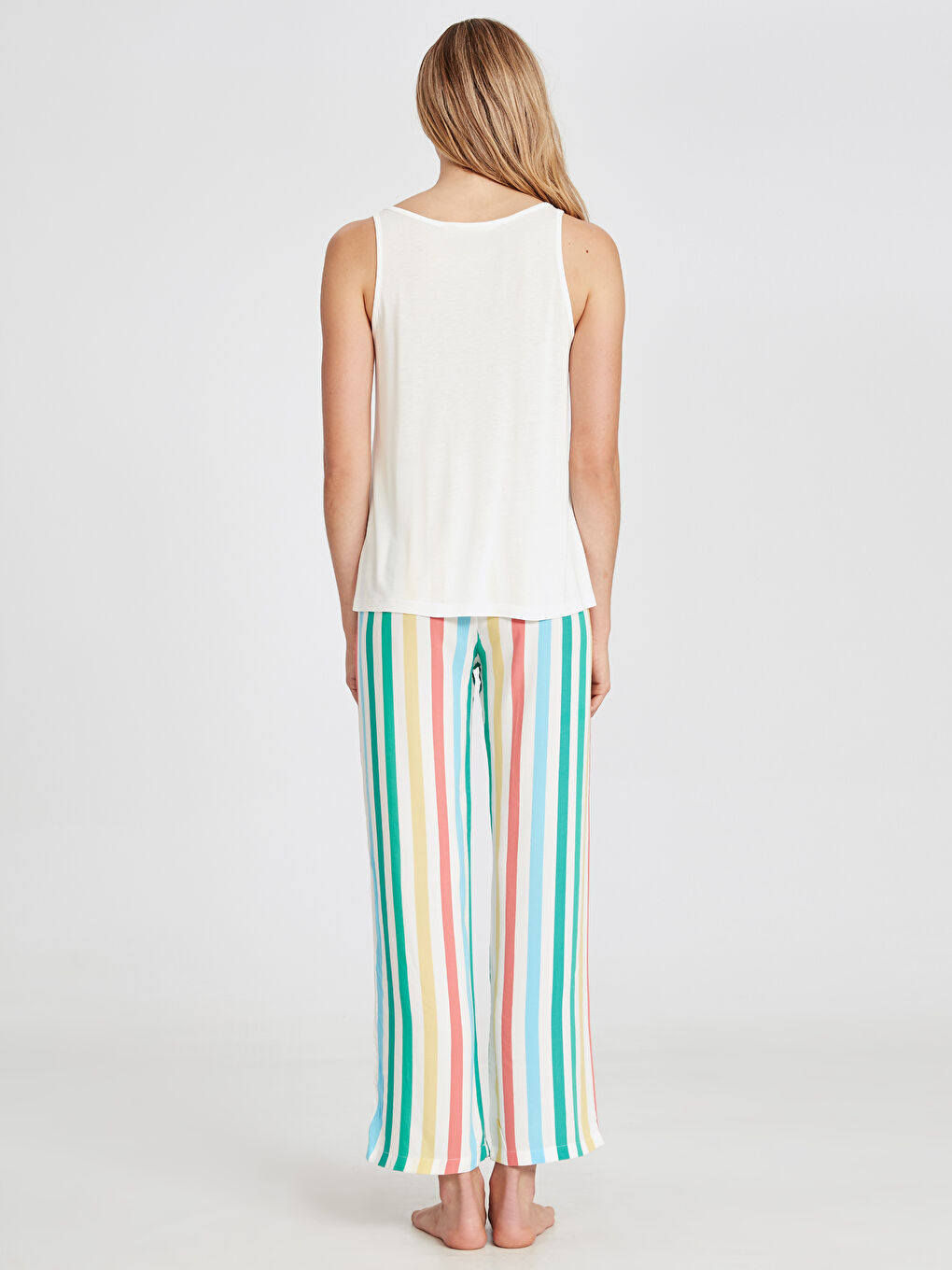 Karışık Kadın Bisiklet Yaka Desenli Kolsuz Gabardin Pijama Takım-2