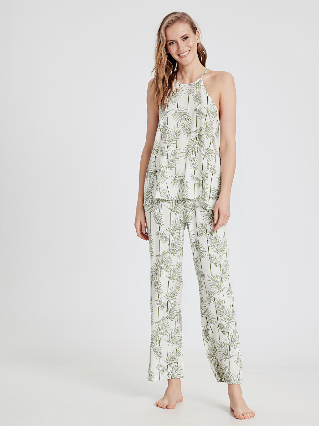 Yeşil U Yaka Desenli Kadın Gabardin Pijama Takım-1