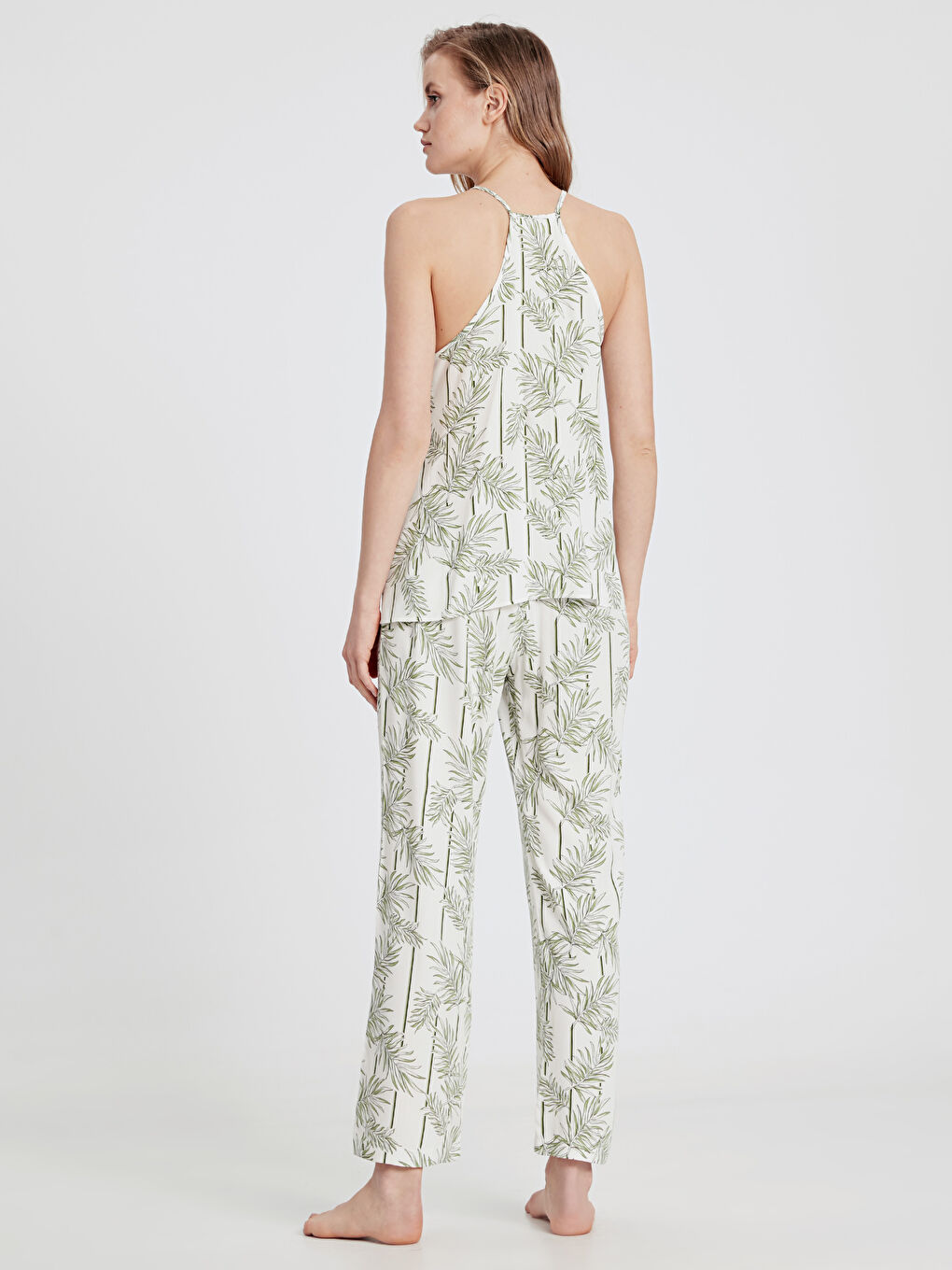 Yeşil U Yaka Desenli Kadın Gabardin Pijama Takım-2