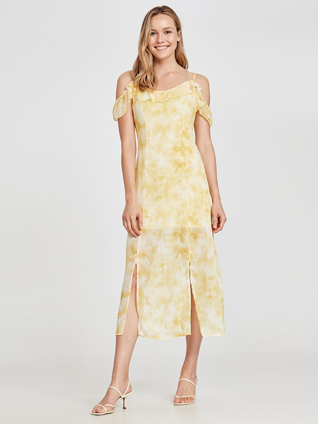 Sarı V Yaka Askılı Şifon Kadın Elbise