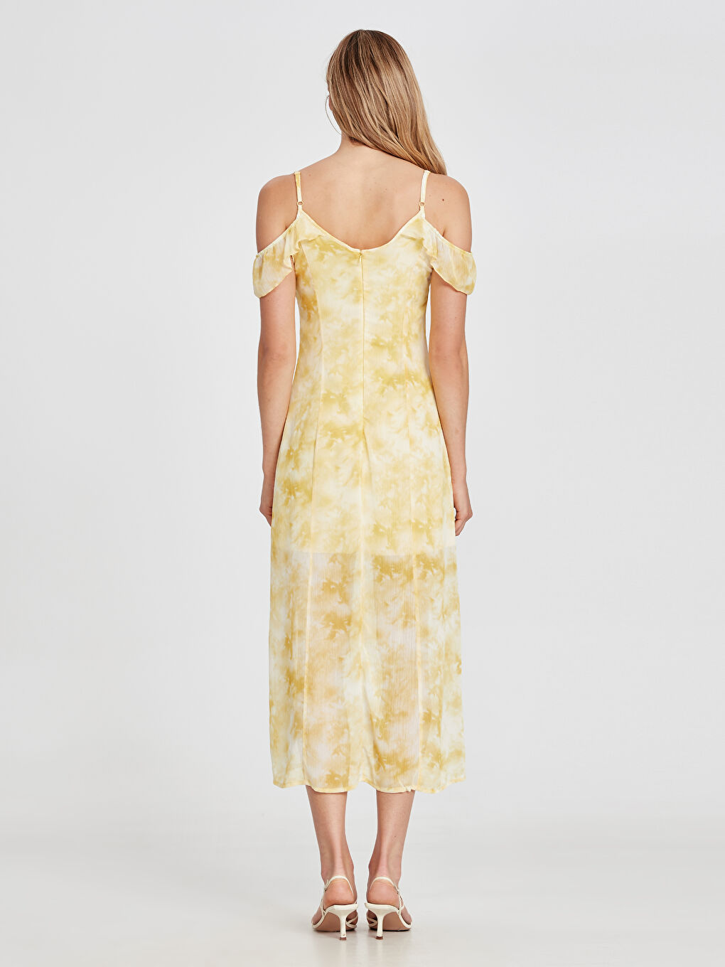 Sarı V Yaka Askılı Şifon Kadın Elbise-1