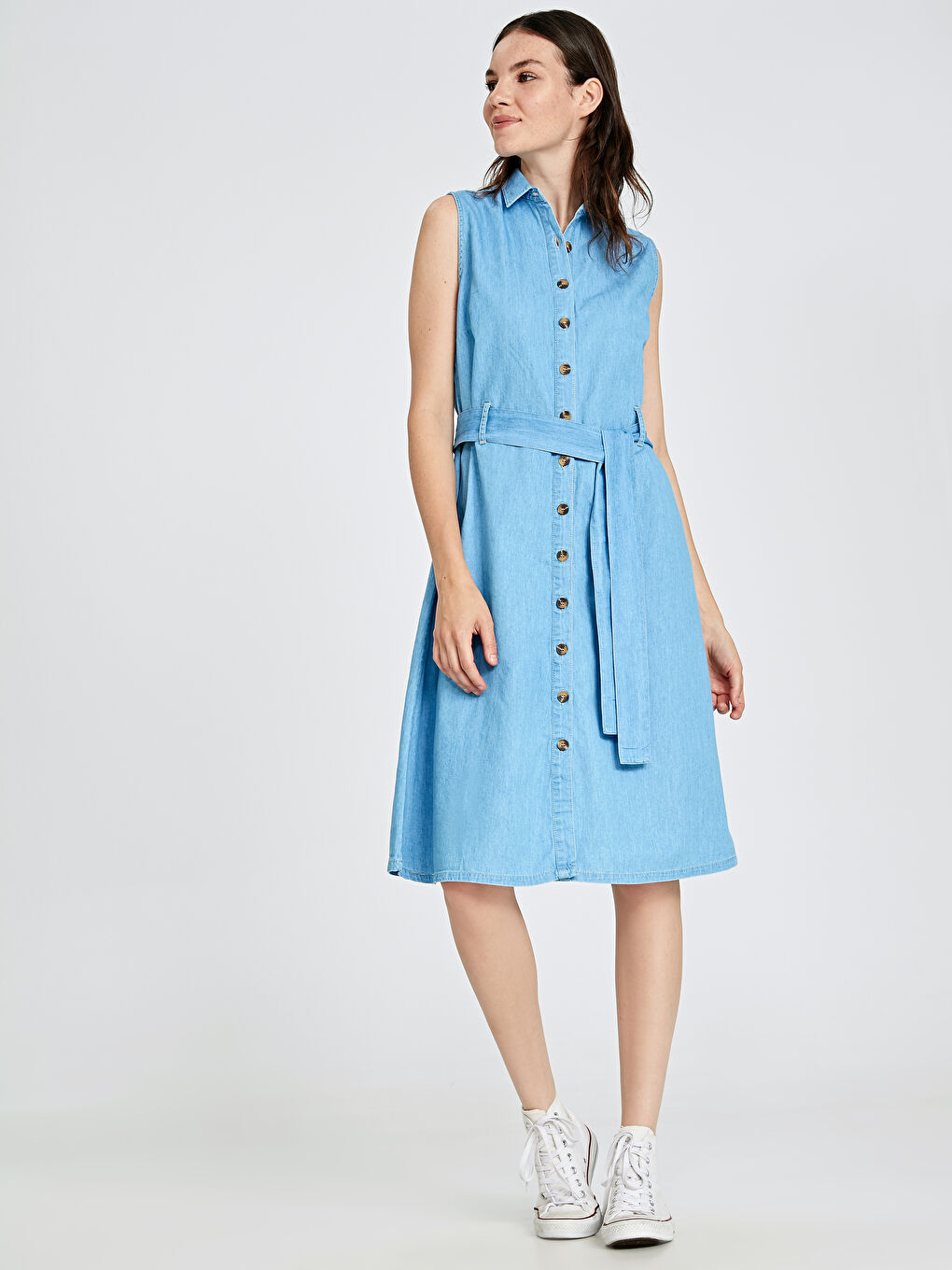 İndigo Kuşaklı Jean Kadın Gömlek Elbise