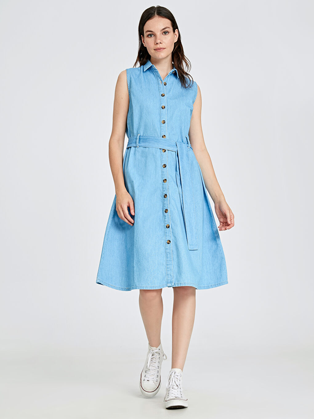 İndigo Kuşaklı Jean Kadın Gömlek Elbise-1