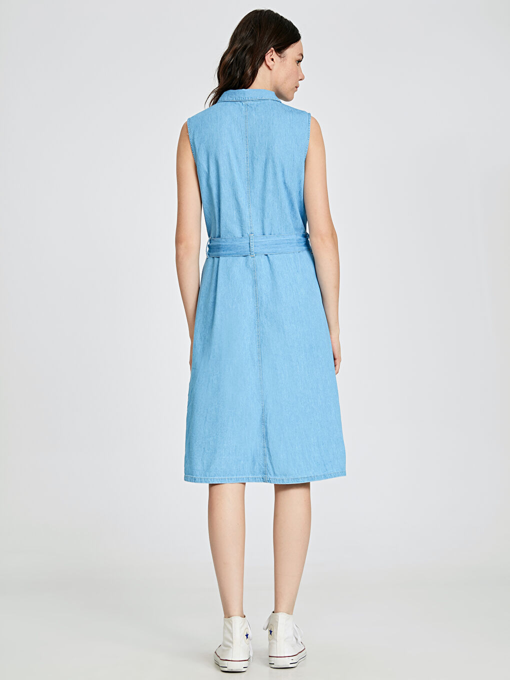 İndigo Kuşaklı Jean Kadın Gömlek Elbise-2