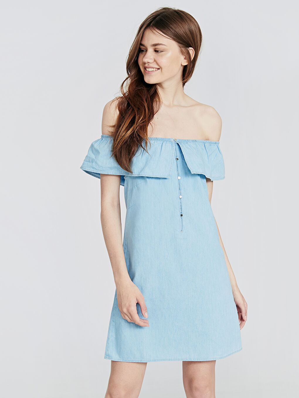 İndigo Kadın Kayık Yaka Kolsuz Jean Elbise-1