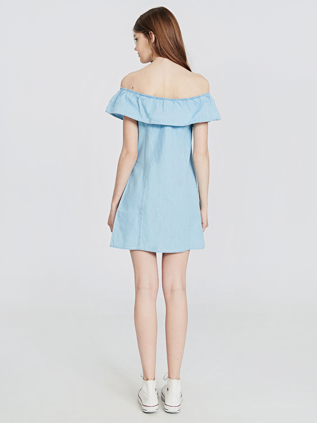 İndigo Kadın Kayık Yaka Kolsuz Jean Elbise-2