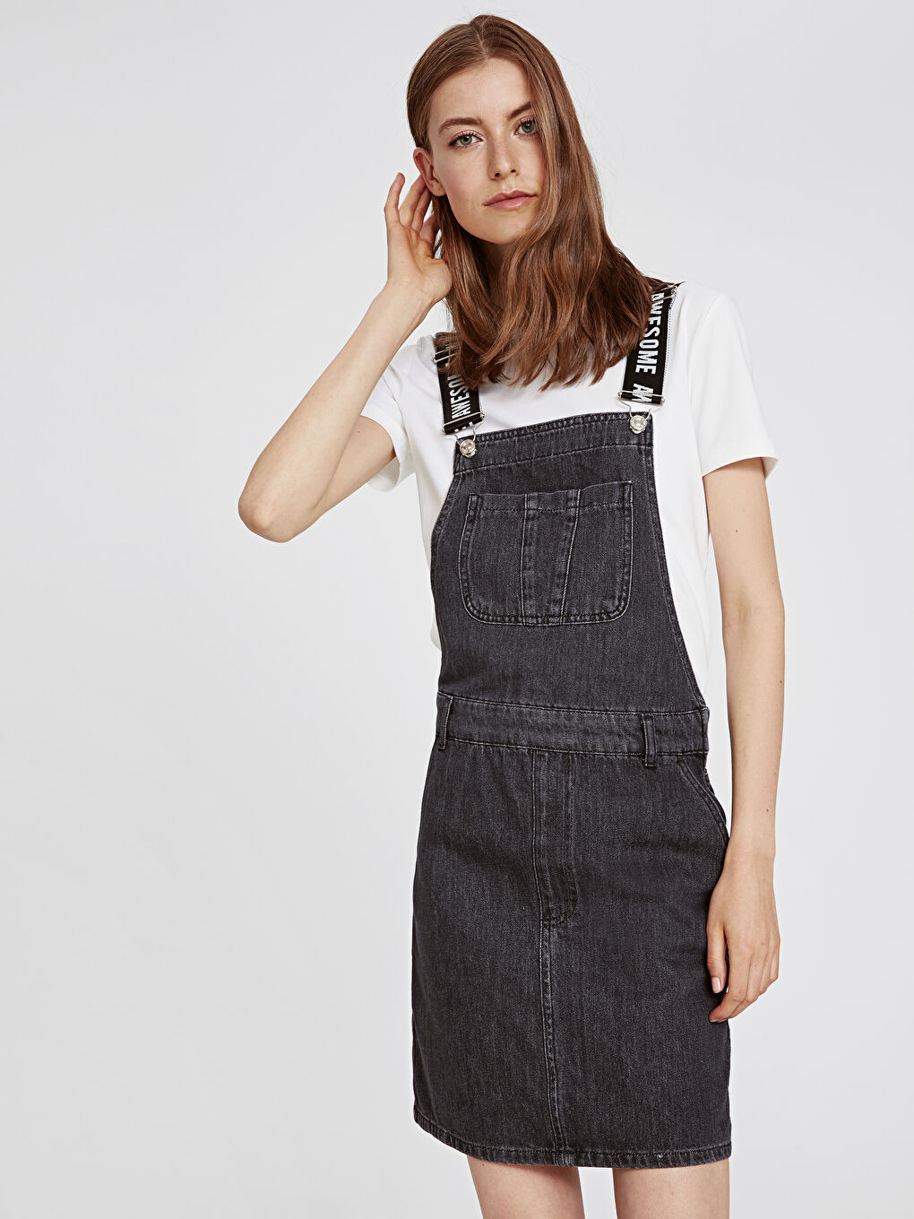 Siyah Standart Fit Askılı Kadın Jean Elbise