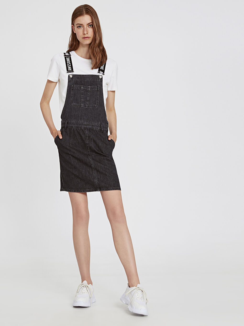 Siyah Standart Fit Askılı Kadın Jean Elbise-1