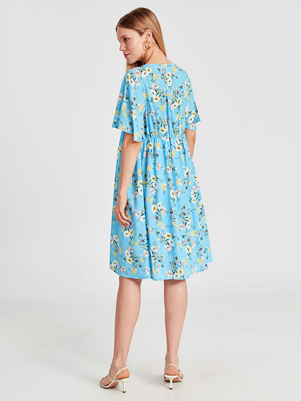 Mavi V Yaka Kısa Kollu Kadın Elbise-2