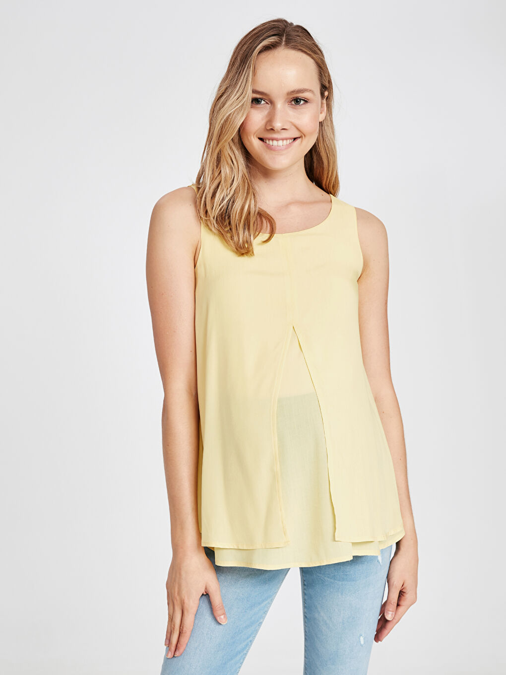 Sarı Kolsuz Viskon Kadın Bluz-1