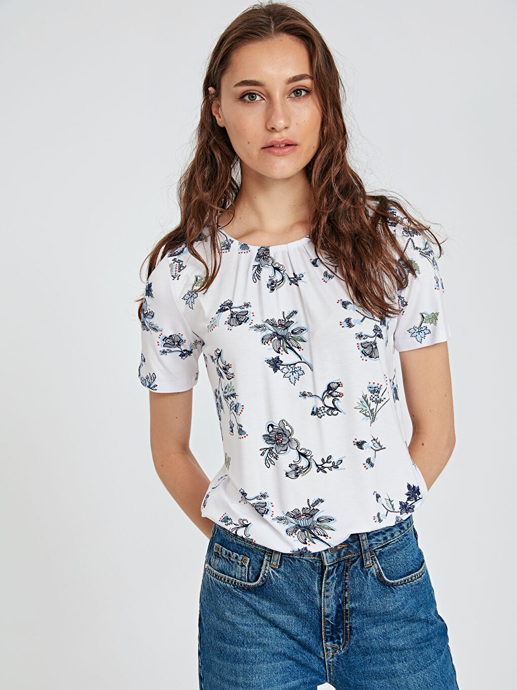 İndigo Baskılı Tişört-1