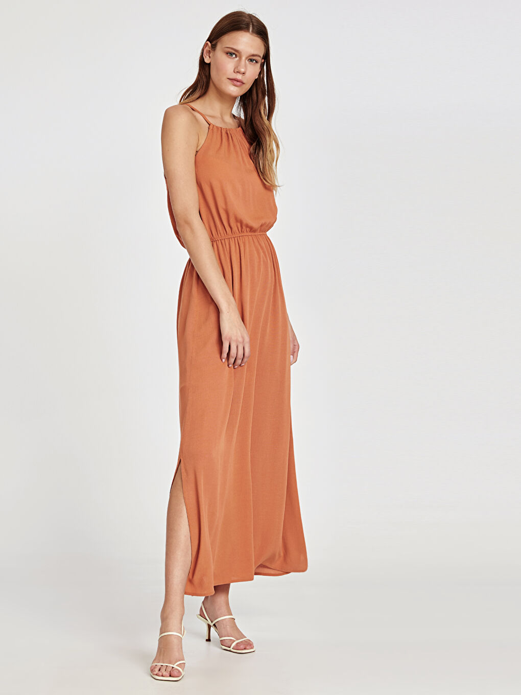 Turuncu Bisiklet Yaka Askılı Kadın Elbise-1