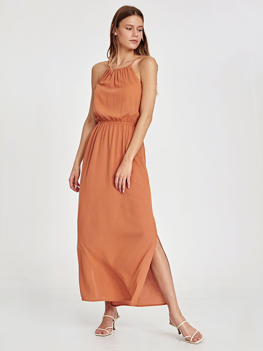 Turuncu Bisiklet Yaka Askılı Kadın Elbise-2