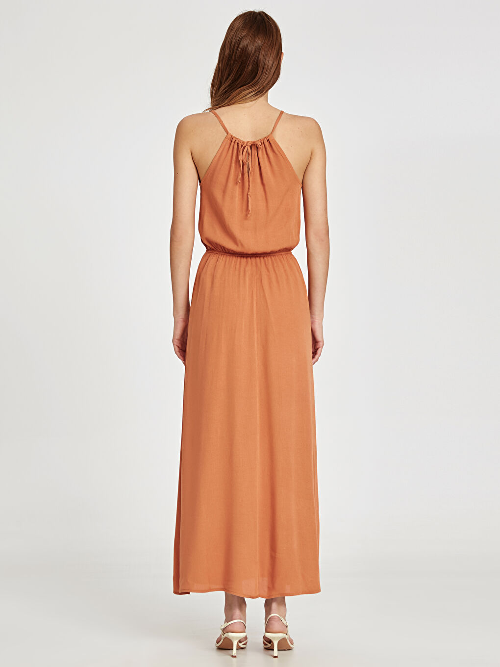 Turuncu Bisiklet Yaka Askılı Kadın Elbise-3