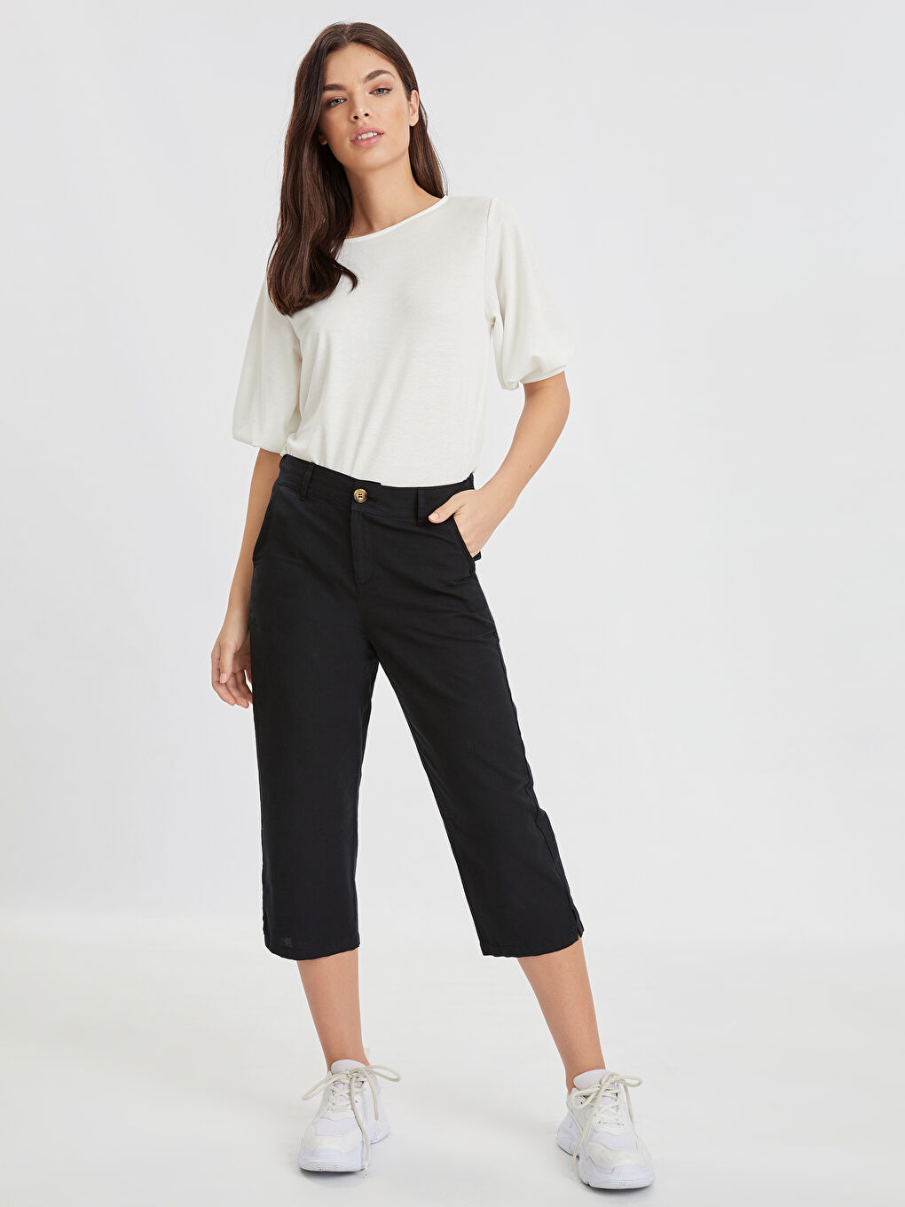 Pantalon Capri Femme En Lin Avec Taille Haute Élastique Et Poches