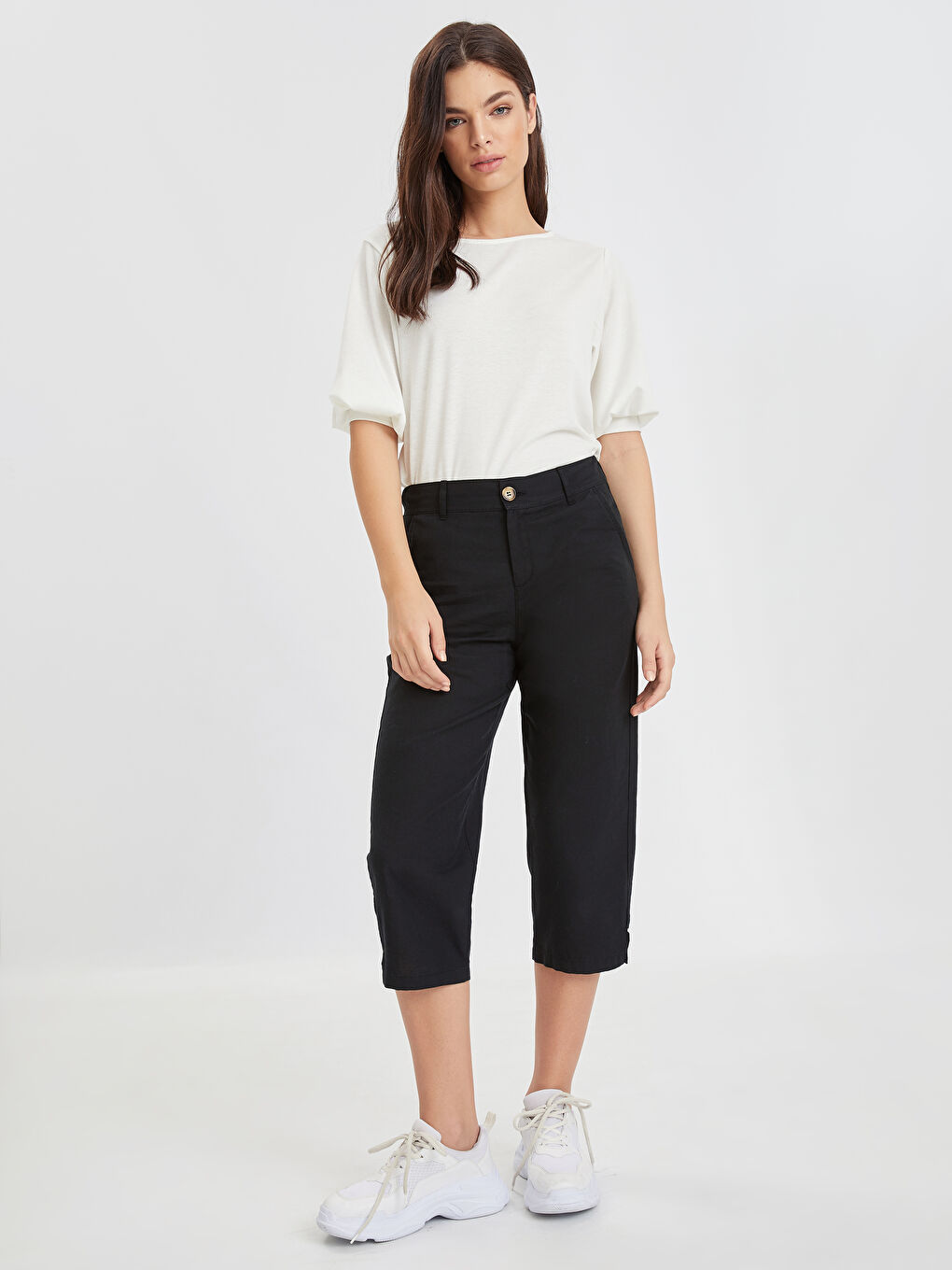 Pantalon Capri Femme En Lin Avec Taille Haute Élastique Et Poches-1
