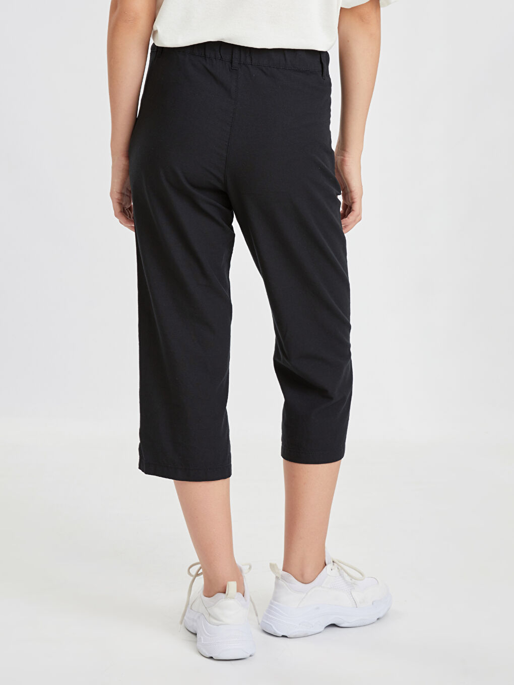 Pantalon Capri Femme En Lin Avec Taille Haute Élastique Et Poches-2