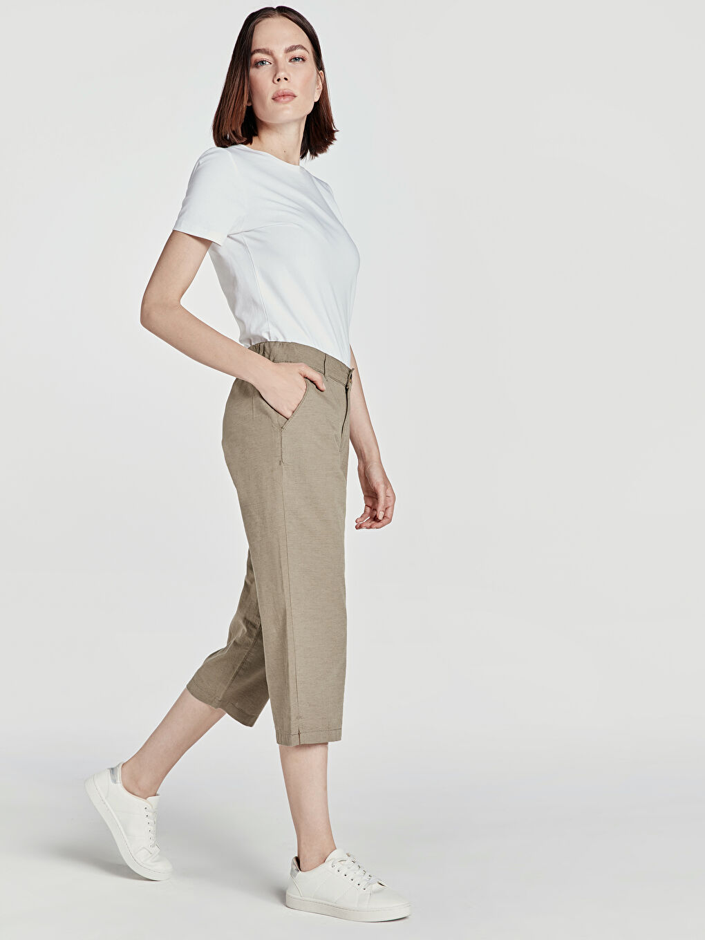 Pantalon Capri Femme En Lin Avec Taille Haute Élastique Et Poches