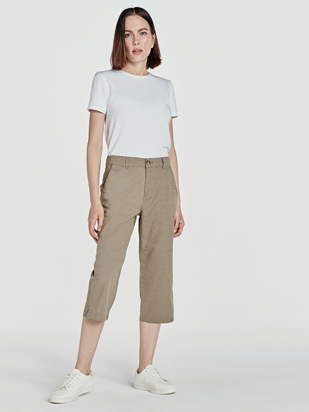 Pantalon Capri Femme En Lin Avec Taille Haute Élastique Et Poches-1