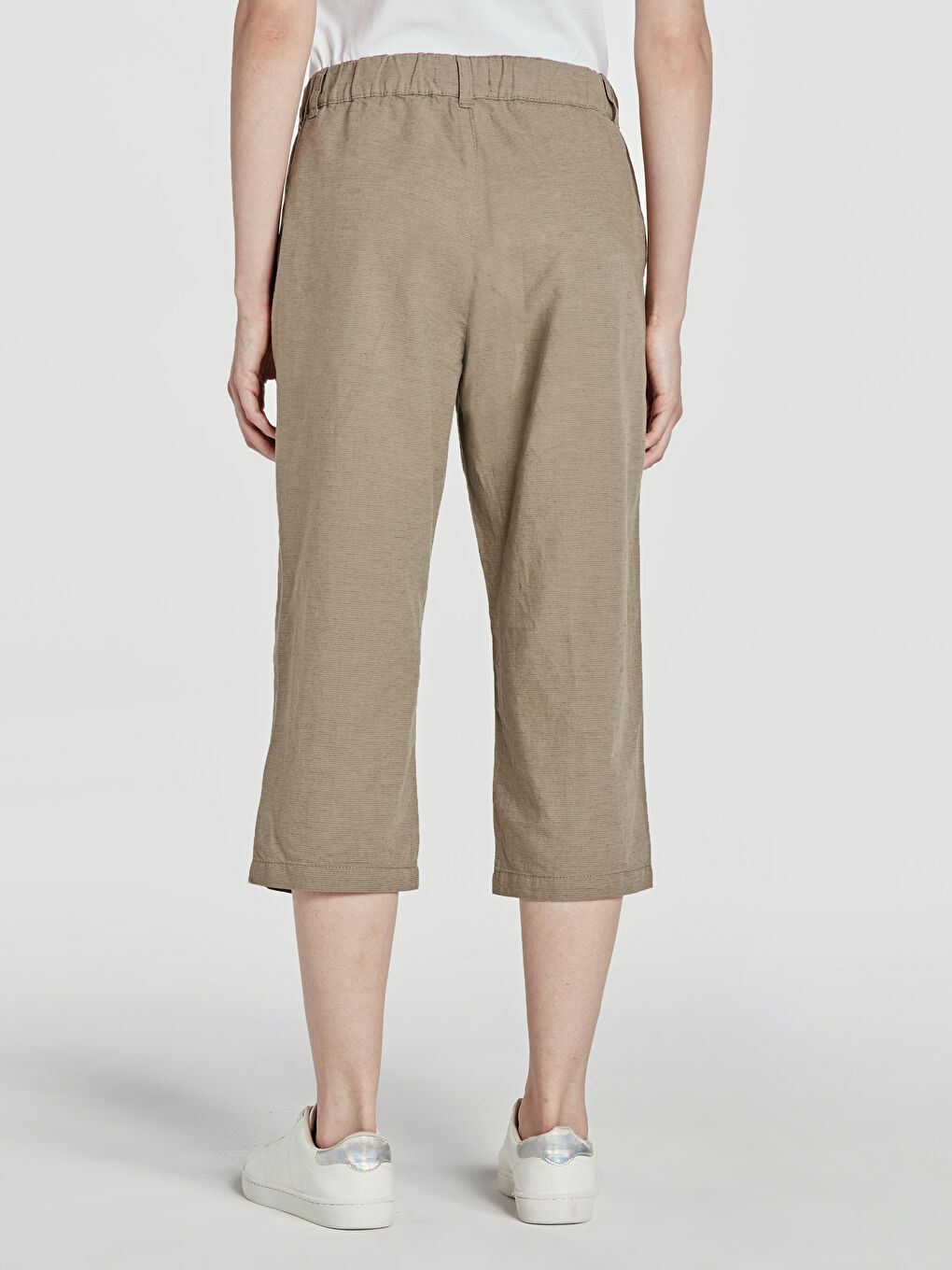 Pantalon Capri Femme En Lin Avec Taille Haute Élastique Et Poches-2