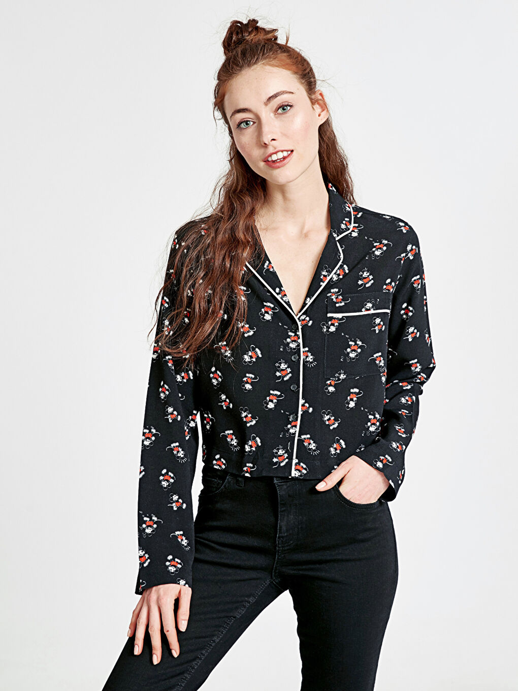 Siyah Önden Düğme Kapamalı Uzun Kollu Kadın Gömlek-1