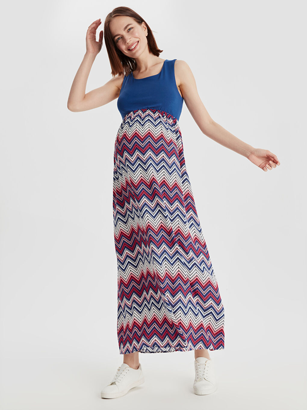 Lacivert Kadın Kare Yaka Desenli Kolsuz Elbise