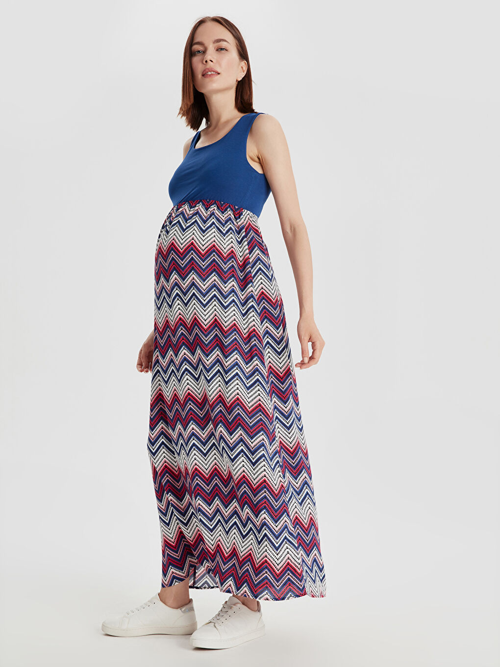 Lacivert Kadın Kare Yaka Desenli Kolsuz Elbise-1