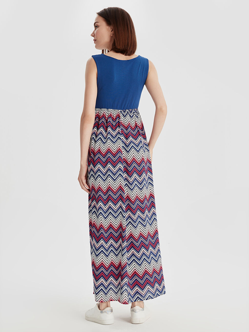 Lacivert Kadın Kare Yaka Desenli Kolsuz Elbise-2