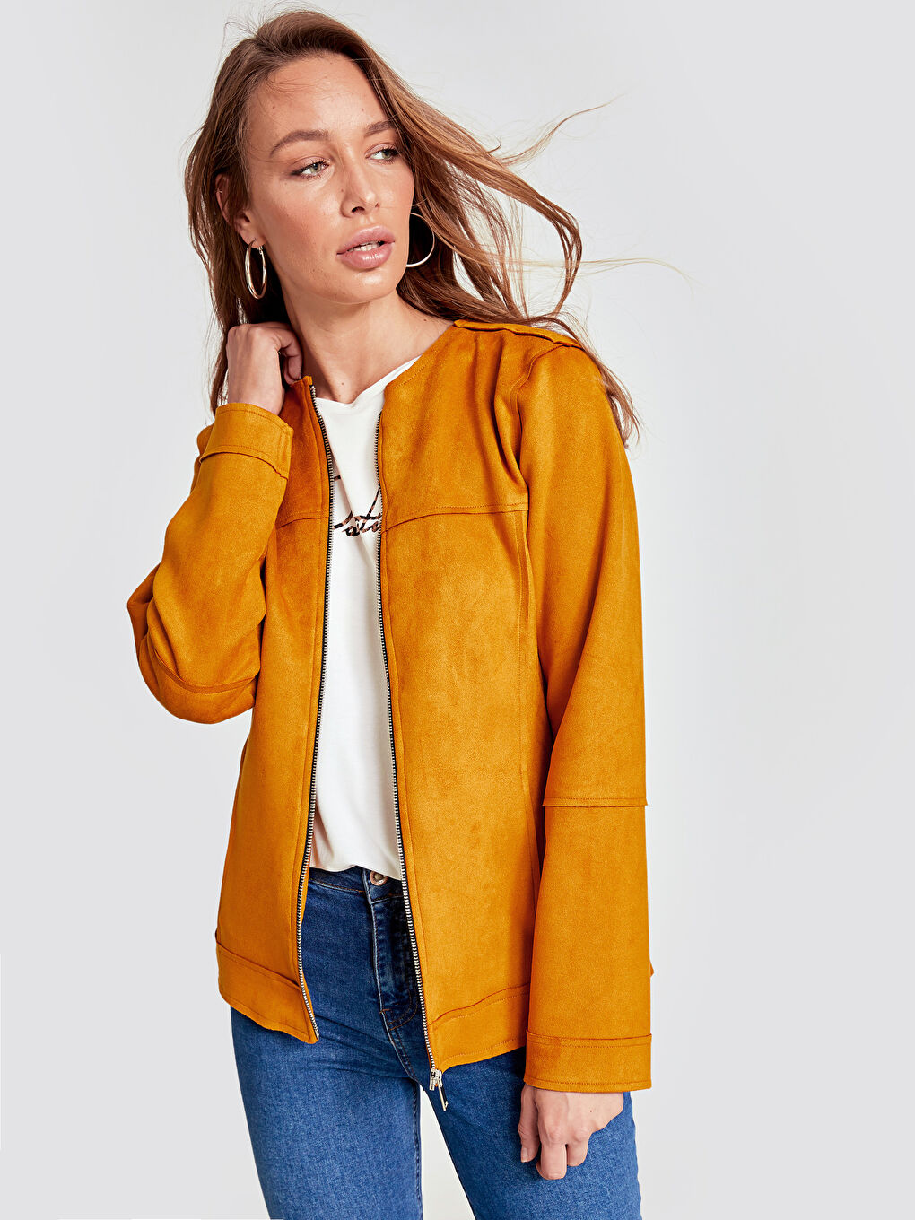 Hardal Sarı Deri Görünümlü Mont