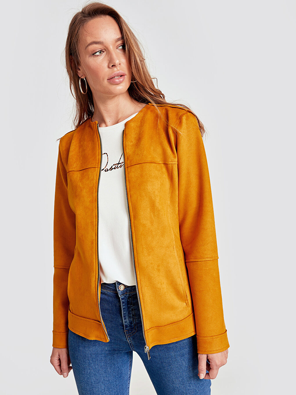 Hardal Sarı Deri Görünümlü Mont-1