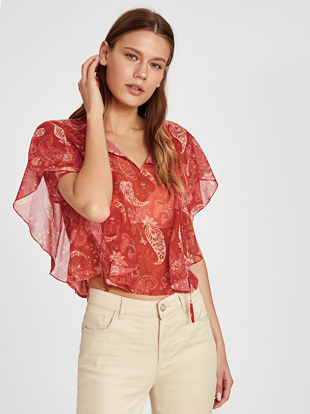 Kırmızı Standart Fit Uzun Kollu Kadın Bluz-1