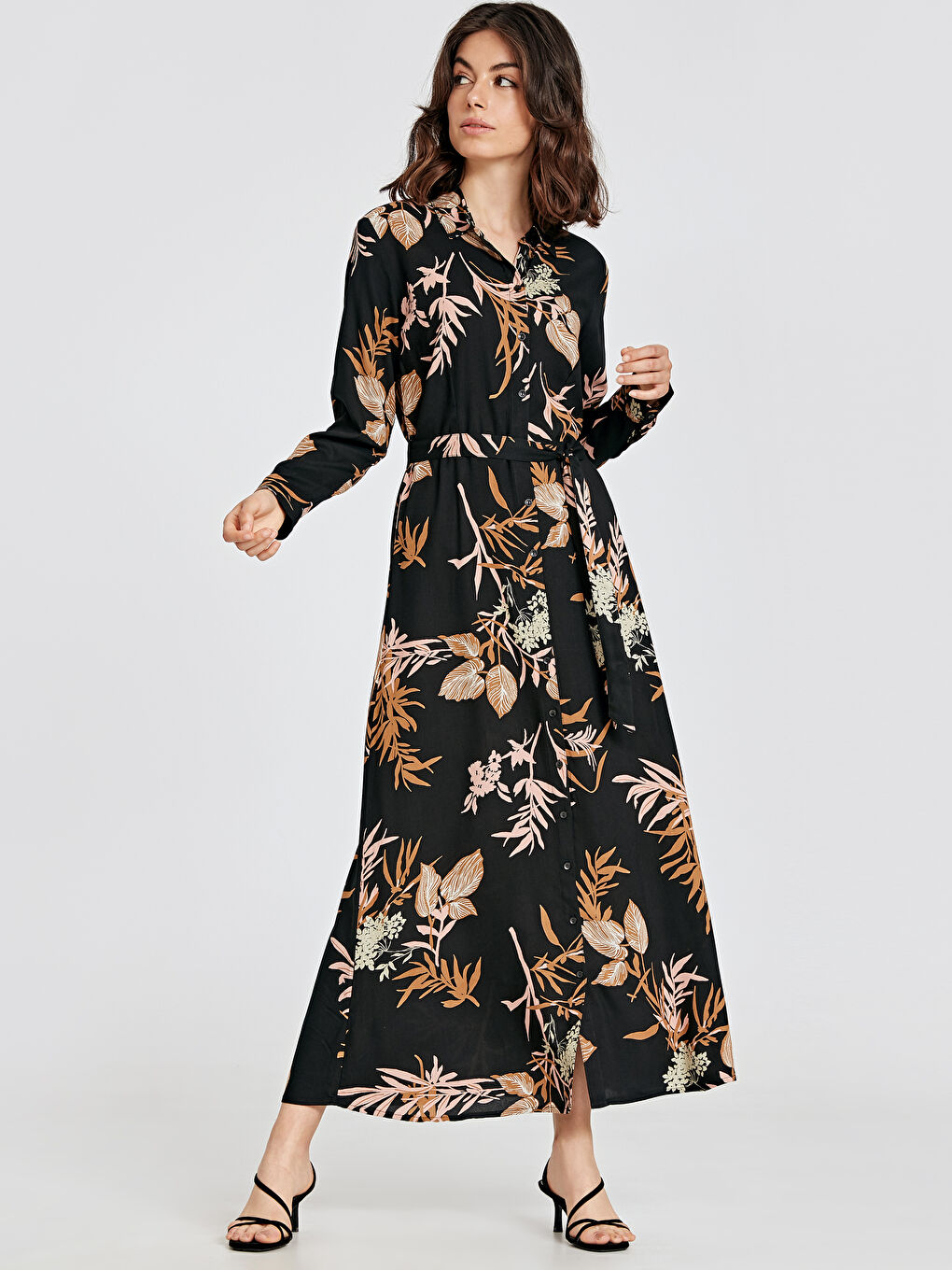 Siyah Standart Fit Uzun Kollu Kadın Gömlek Elbise-1