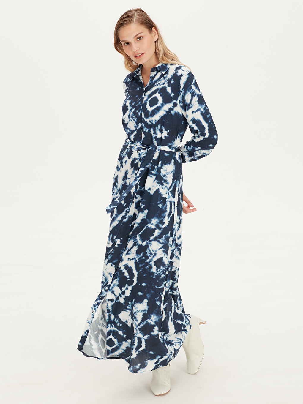 Mavi Uzun Kollu Kadın Gömlek Elbise