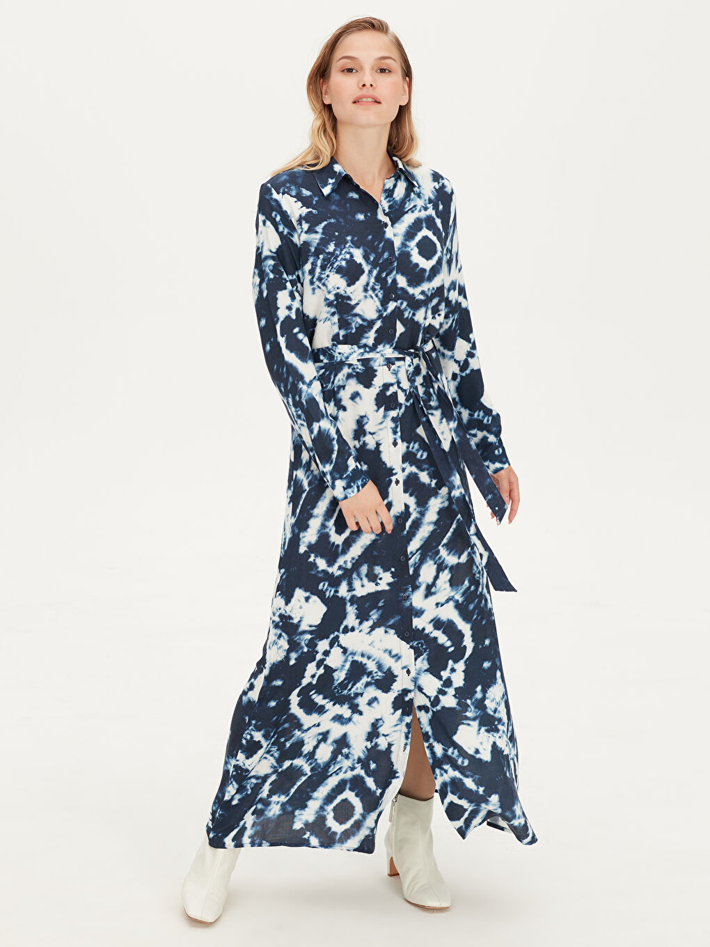 Mavi Uzun Kollu Kadın Gömlek Elbise-1