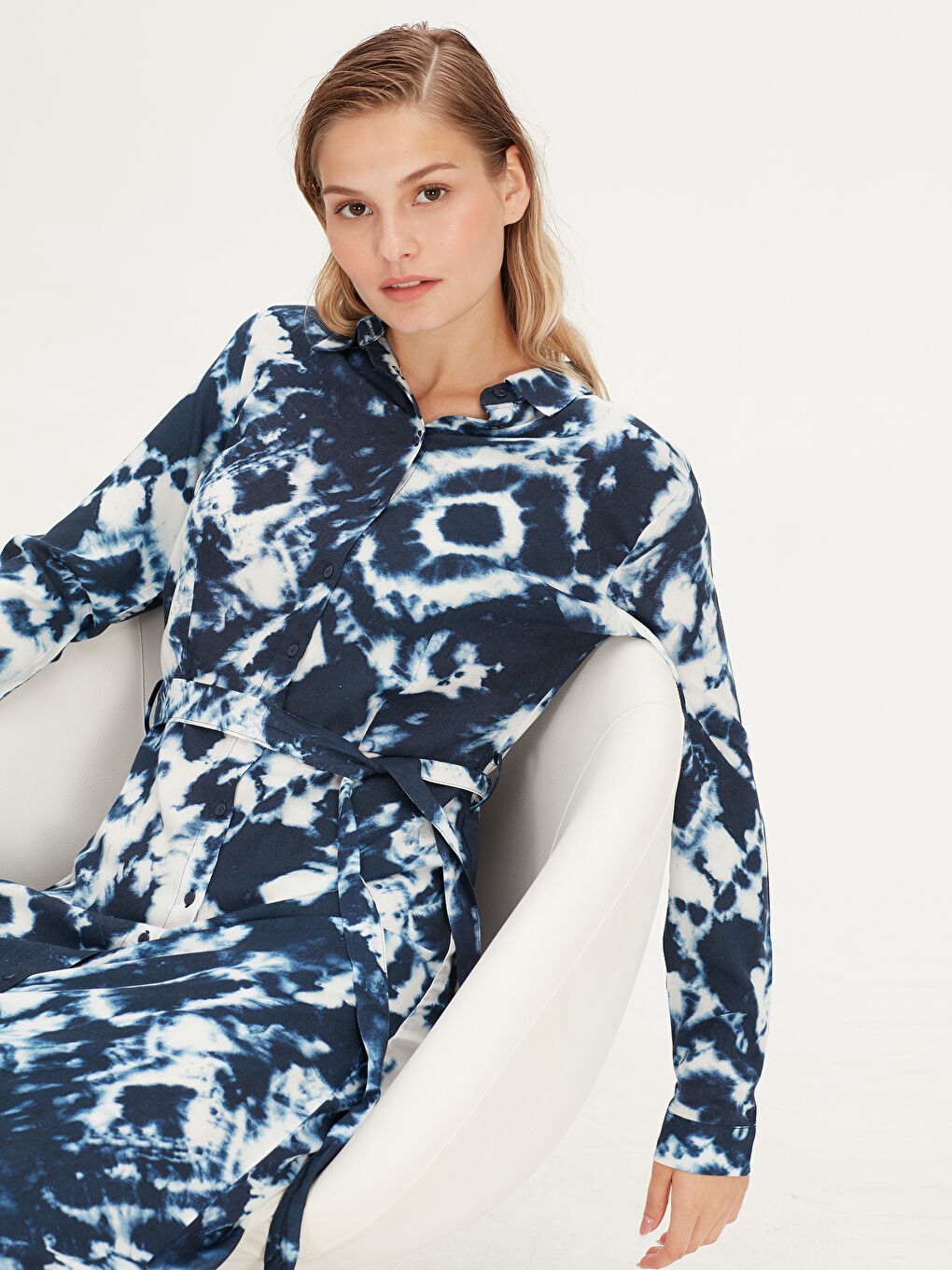 Mavi Uzun Kollu Kadın Gömlek Elbise-2