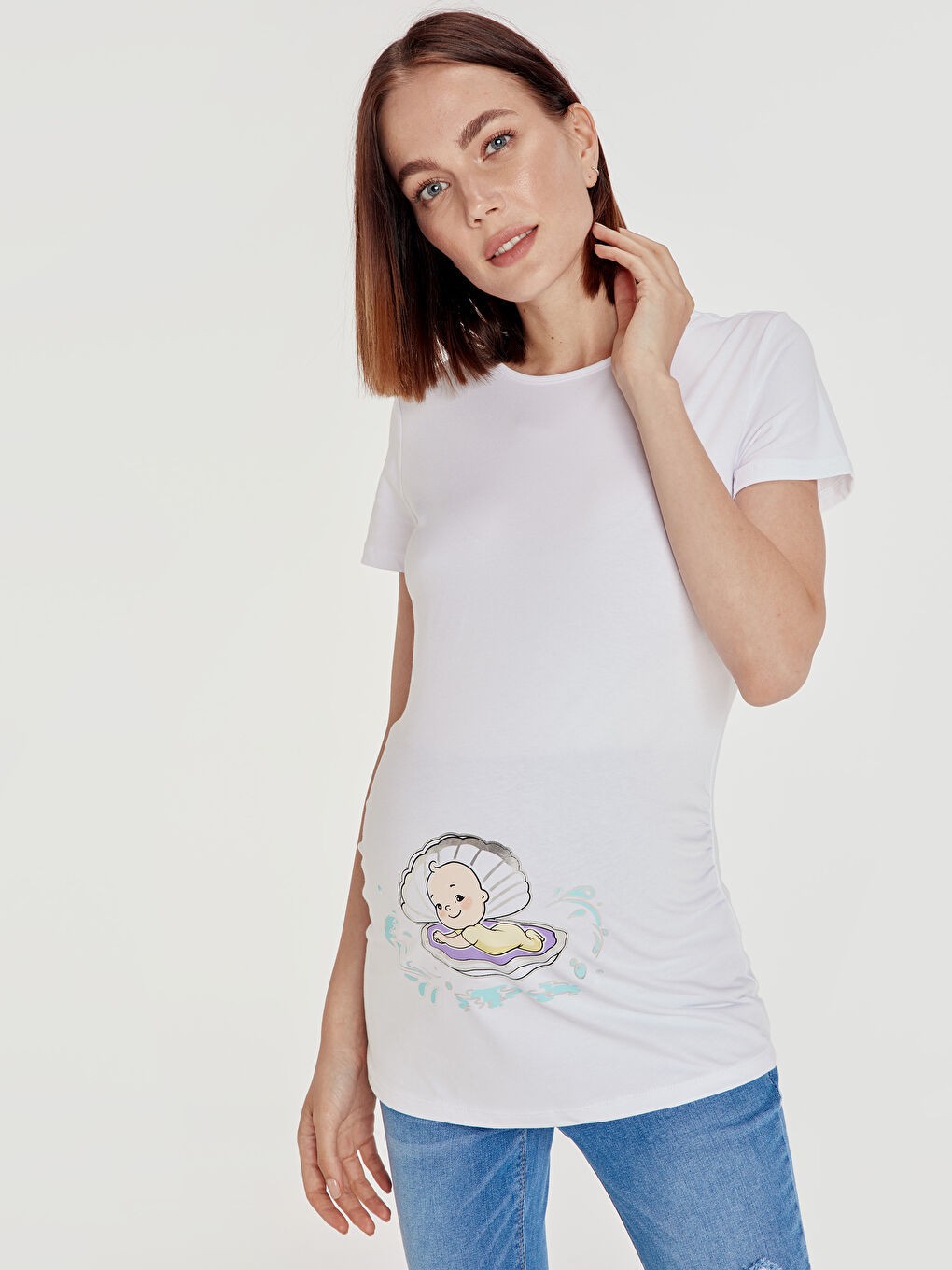 Beyaz Kısa Kollu Hamile Tişört