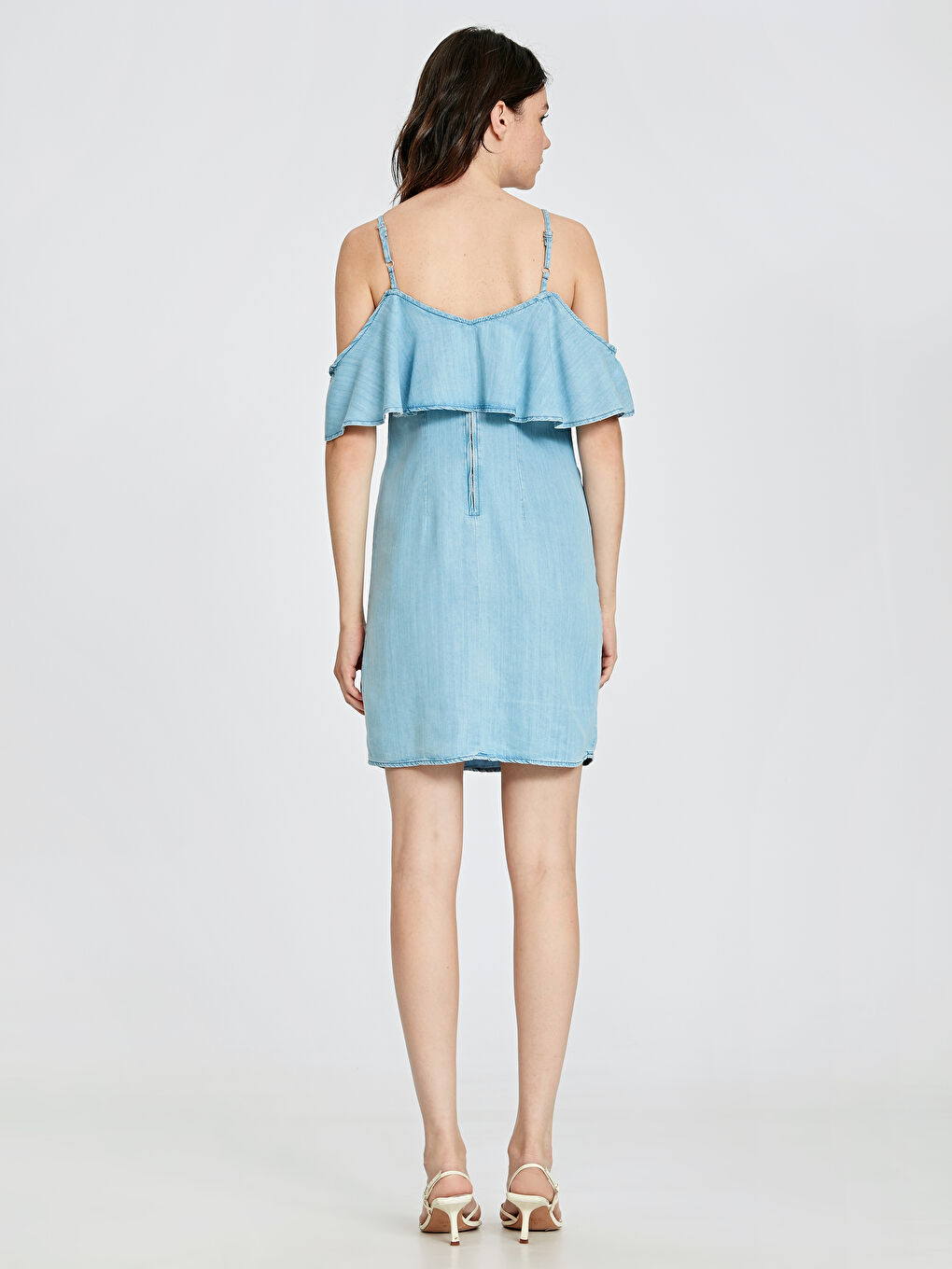 İndigo Fırfır Detaylı Askılı Kadın Kısa Jean Elbise-2