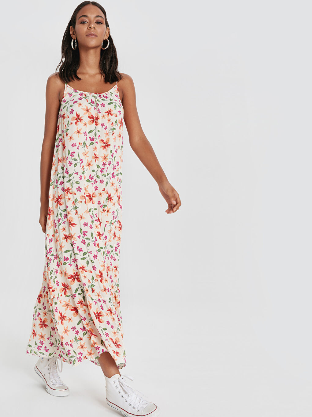 Ekru Bisiklet Yaka Askılı Kadın Elbise