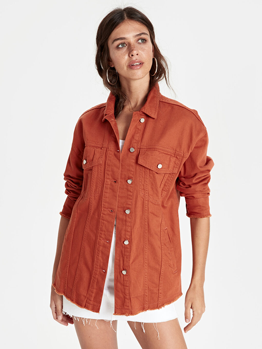 Shirt Collar Straight Pocket Detailed Women's Jean Jacket