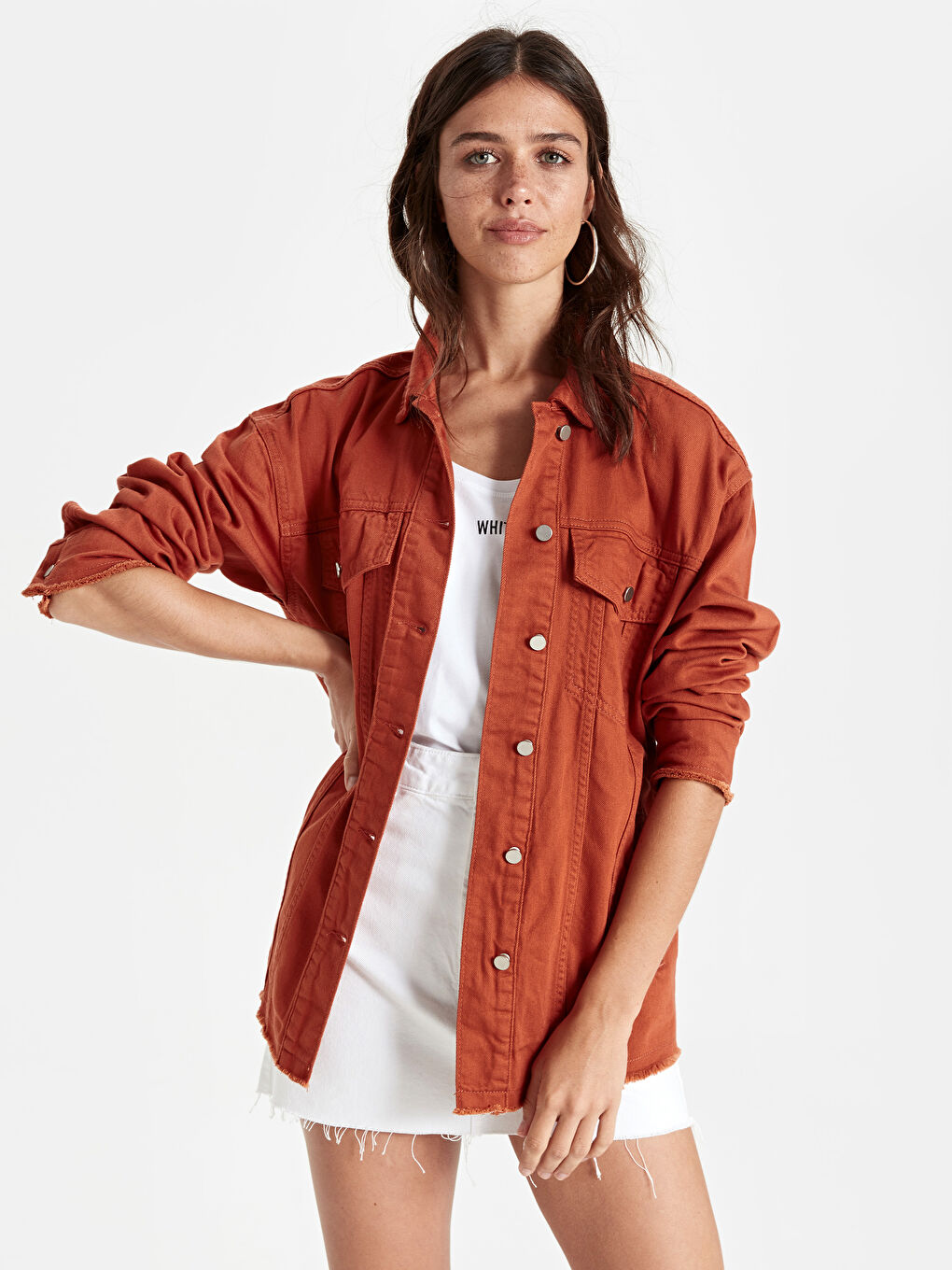 Shirt Collar Straight Pocket Detailed Women's Jean Jacket-1