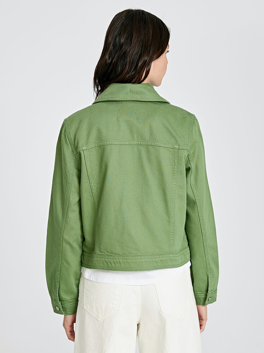 Yeşil Gömlek Yaka Düz Cep Detaylı Kadın Jean Ceket-2