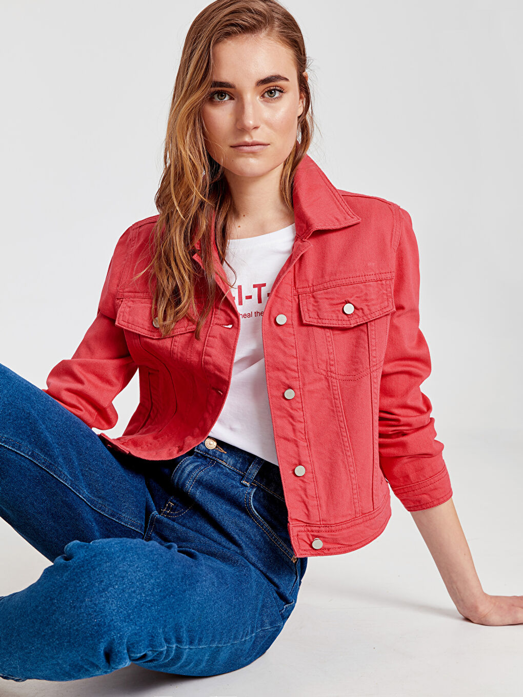 Fuşya Gömlek Yaka Düz Cep Detaylı Kadın Jean Ceket