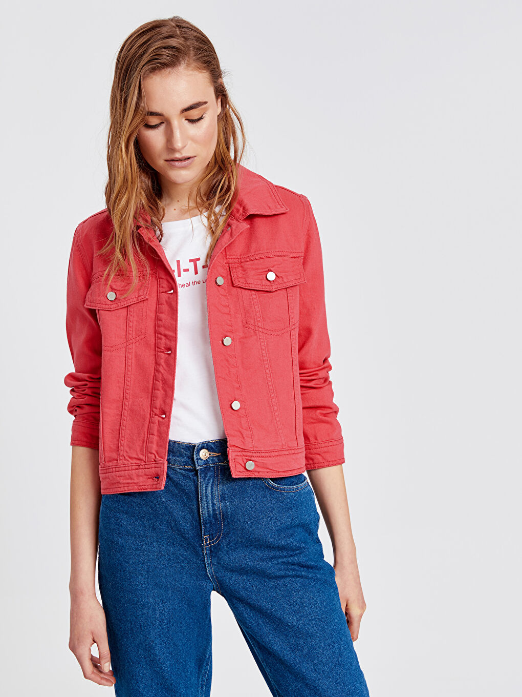 Fuşya Gömlek Yaka Düz Cep Detaylı Kadın Jean Ceket-1