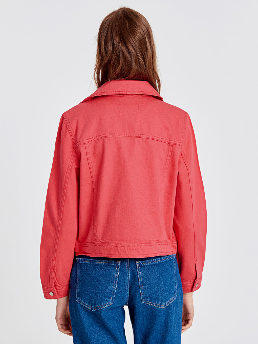 Fuşya Gömlek Yaka Düz Cep Detaylı Kadın Jean Ceket-2