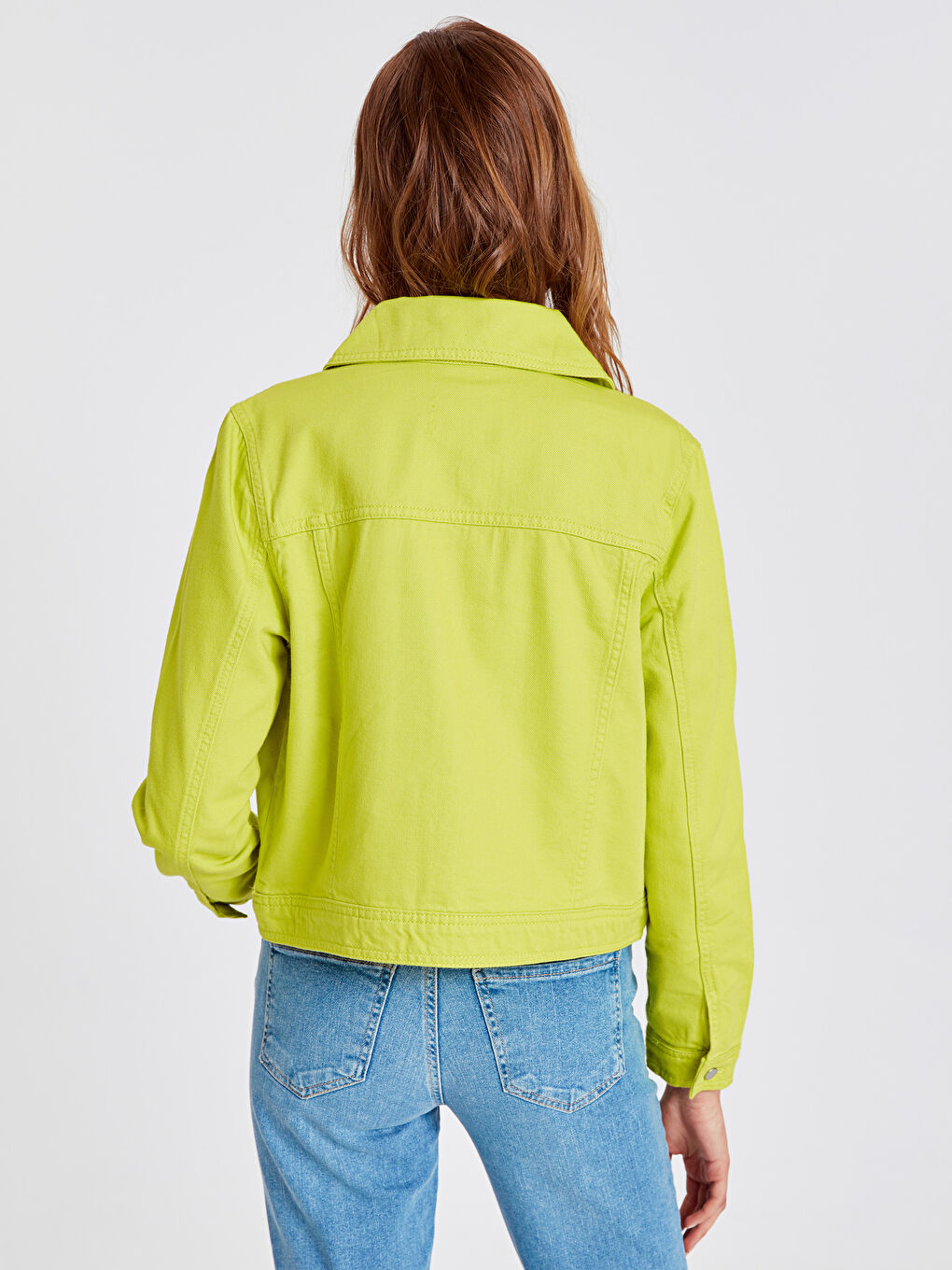 Sarı Gömlek Yaka Düz Cep Detaylı Kadın Jean Ceket-2