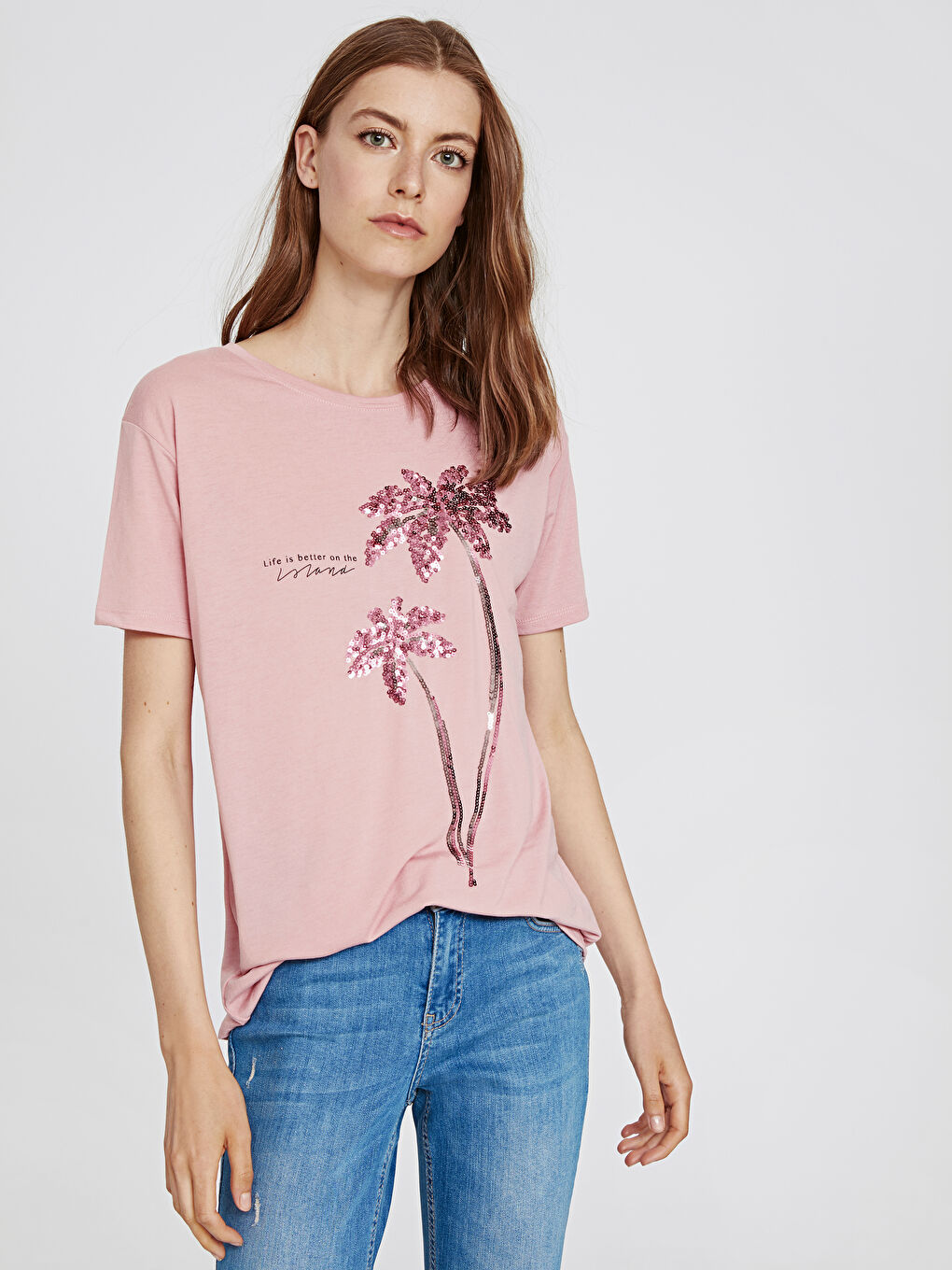 Pembe Bisiklet Yaka Kısa Kollu Kadın Tişört-1