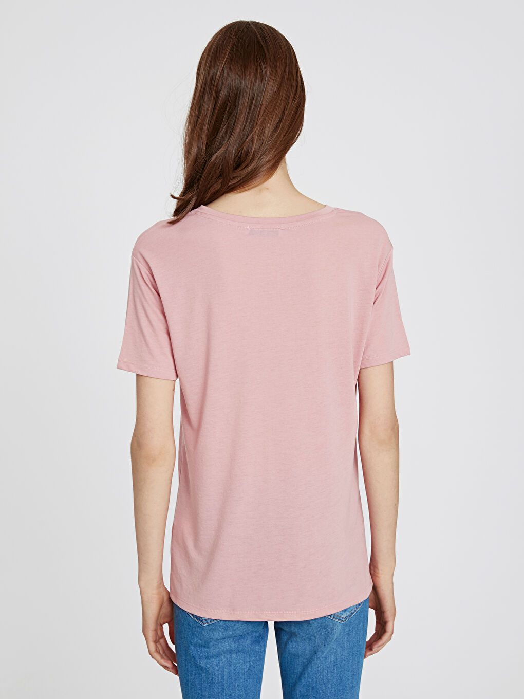 Pembe Bisiklet Yaka Kısa Kollu Kadın Tişört-2