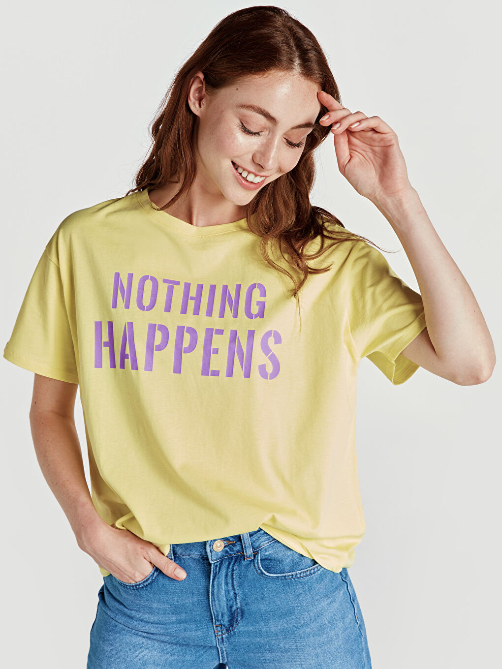 Sarı U Yaka Kısa Kollu Kadın Tişört-1